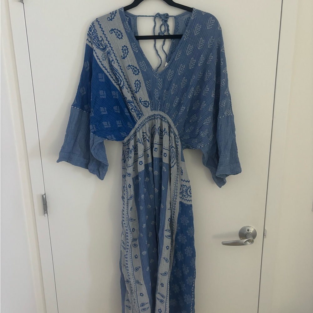 Anthropologie Indigo and Cream Patterned Maxi Caftan